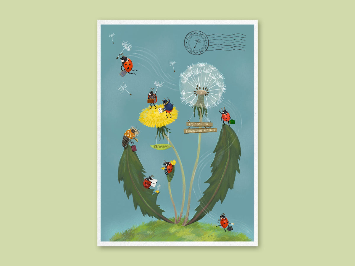 Dandelion Airport art print by Anna Seed: ladybirds with suitcases fly off on dandelion seeds from a dandelion plant, on blue