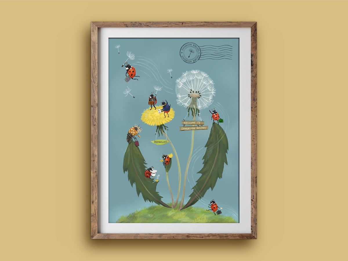 Dandelion Airport print in a rustic wooden frame on a mustard wall, showing bug travellers departing on dandelion seeds