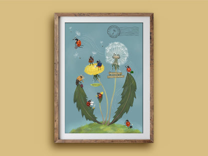 Dandelion Airport print in a rustic wooden frame on a mustard wall, showing bug travellers departing on dandelion seeds