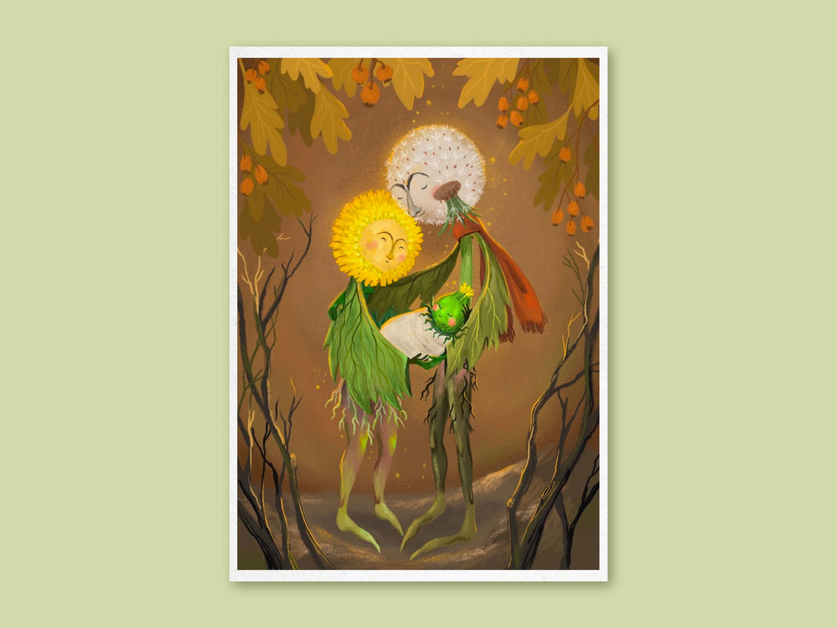 Dandelion Family art print by Anna Seed: a yellow dandelion and a seed-head partner cradle their baby bud beneath autumn leaves