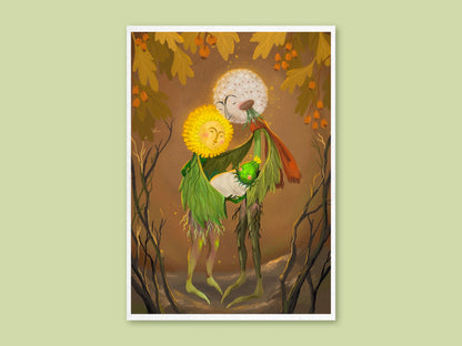 Dandelion Family art print by Anna Seed: a yellow dandelion and a seed-head partner cradle their baby bud beneath autumn leaves