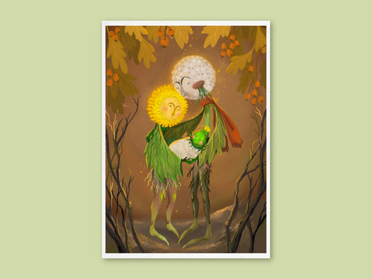 Dandelion Family art print by Anna Seed: a yellow dandelion and a seed-head partner cradle their baby bud beneath autumn leaves
