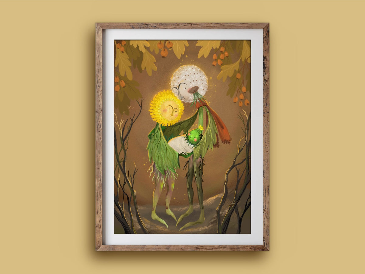 Dandelion Family print in a rustic wooden frame on a mustard wall, showing two dandelion parents hugging a tiny green bud