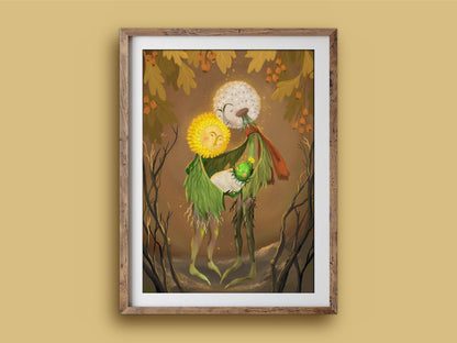 Dandelion Family print in a rustic wooden frame on a mustard wall, showing two dandelion parents hugging a tiny green bud