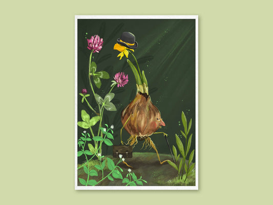 Dapper Daffodil art print by Anna Seed: a daffodil bulb in a bowler hat strolls with a cane and briefcase among clover, on dark green