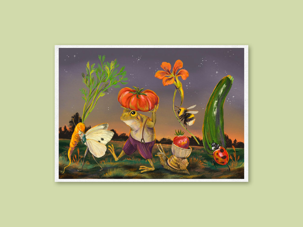 Dawn Harvest art print by Anna Seed: a frog carrying a tomato leads a dusk parade with a carrot, moth, bee, snail and ladybird