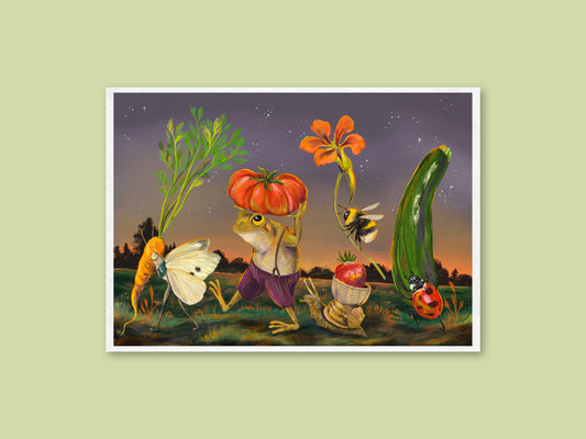 Dawn Harvest art print by Anna Seed: a frog carrying a tomato leads a dusk parade with a carrot, moth, bee, snail and ladybird
