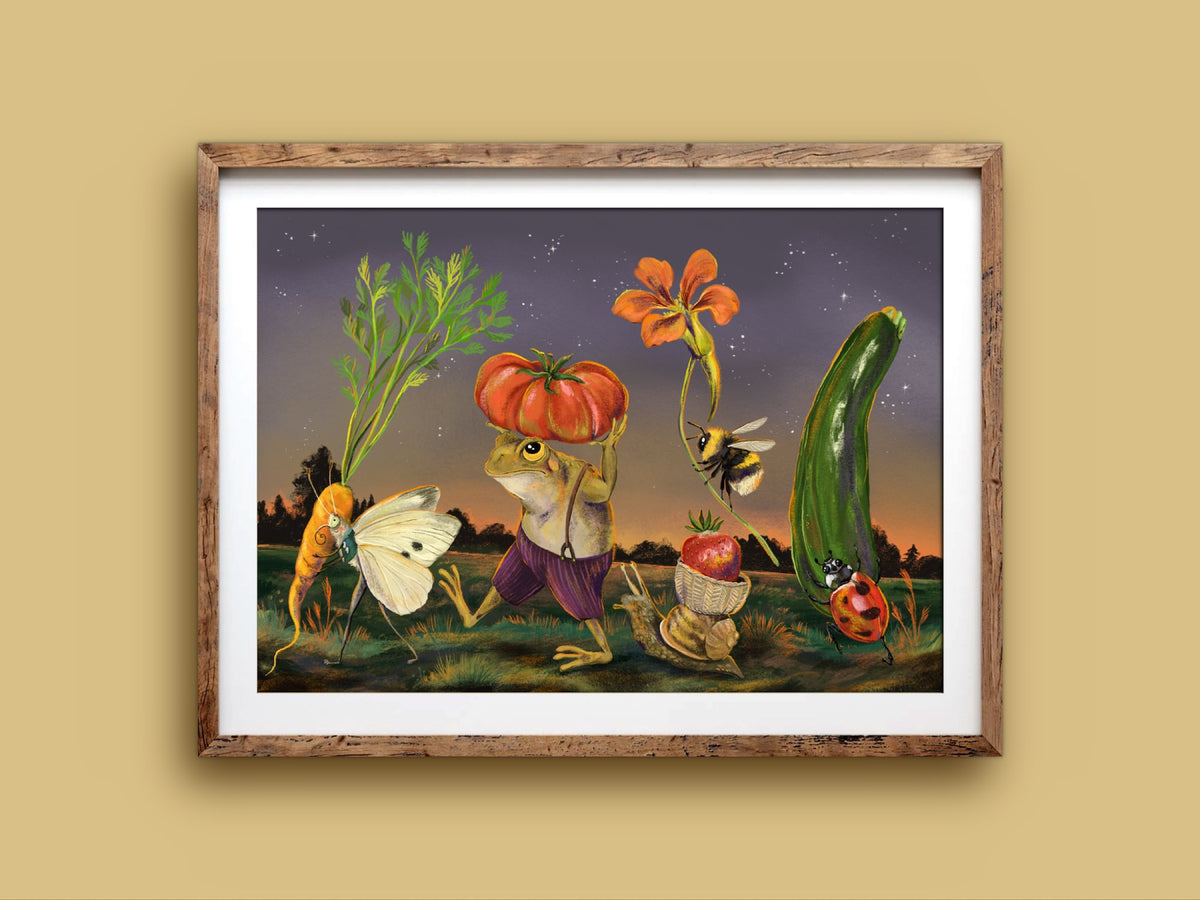Dawn Harvest print in a rustic wooden frame on a mustard wall, showing garden critters hauling vegetables under a starry dusk sky