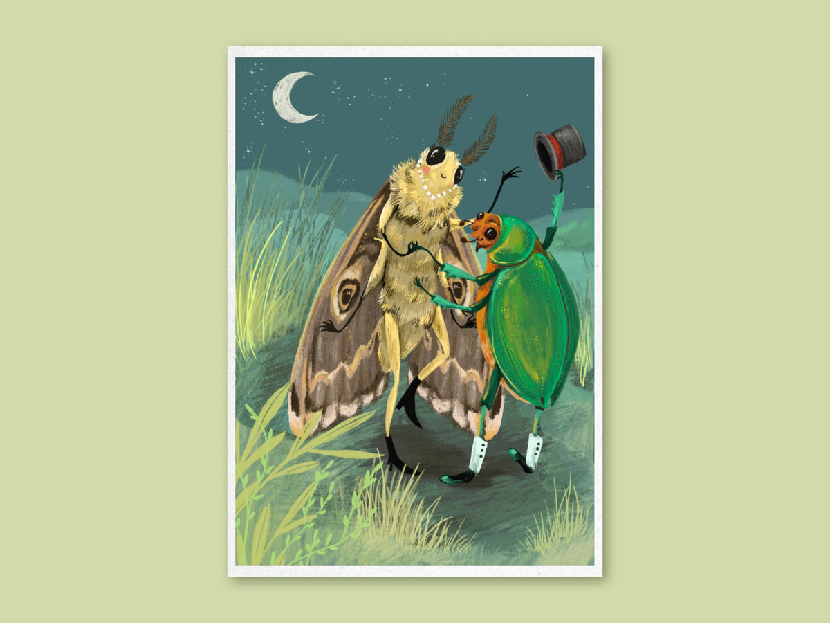 Fancy Dancing art print by Anna Seed: a fluffy moth and a green beetle tipping his top hat dance in the grass under a crescent moon