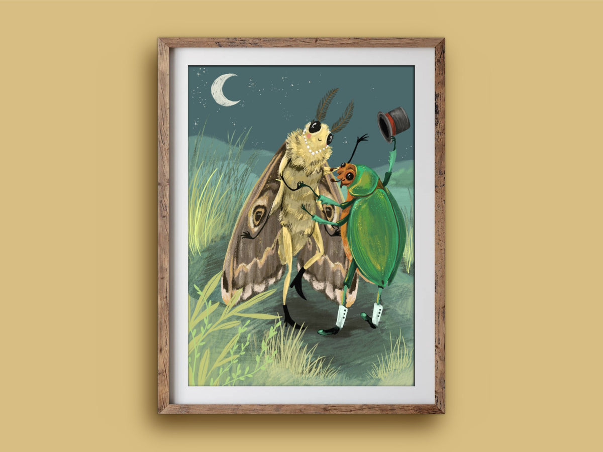 Fancy Dancing print in a rustic wooden frame on a mustard wall, showing Ms Moth and Mr Beetle waltzing by moonlight