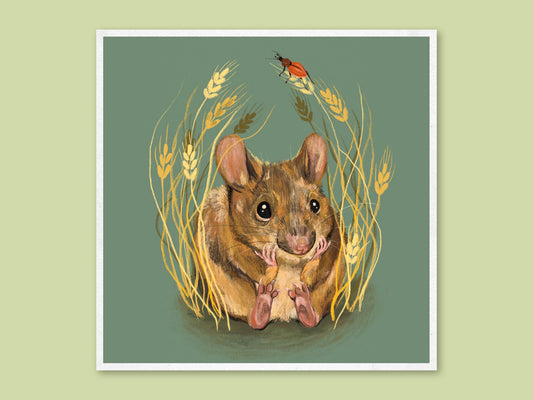 Field Mouse art print by Anna Seed: a brown field mouse sits among golden wheat stalks as a red beetle says hello, on sage green