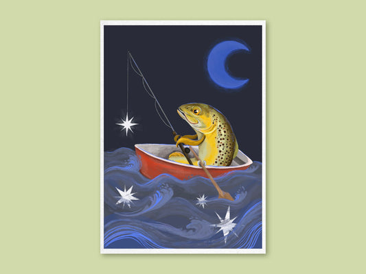 Fishing for Stars art print by Anna Seed: a speckled trout in a red rowboat fishes for fallen stars on wavy blue seas at night
