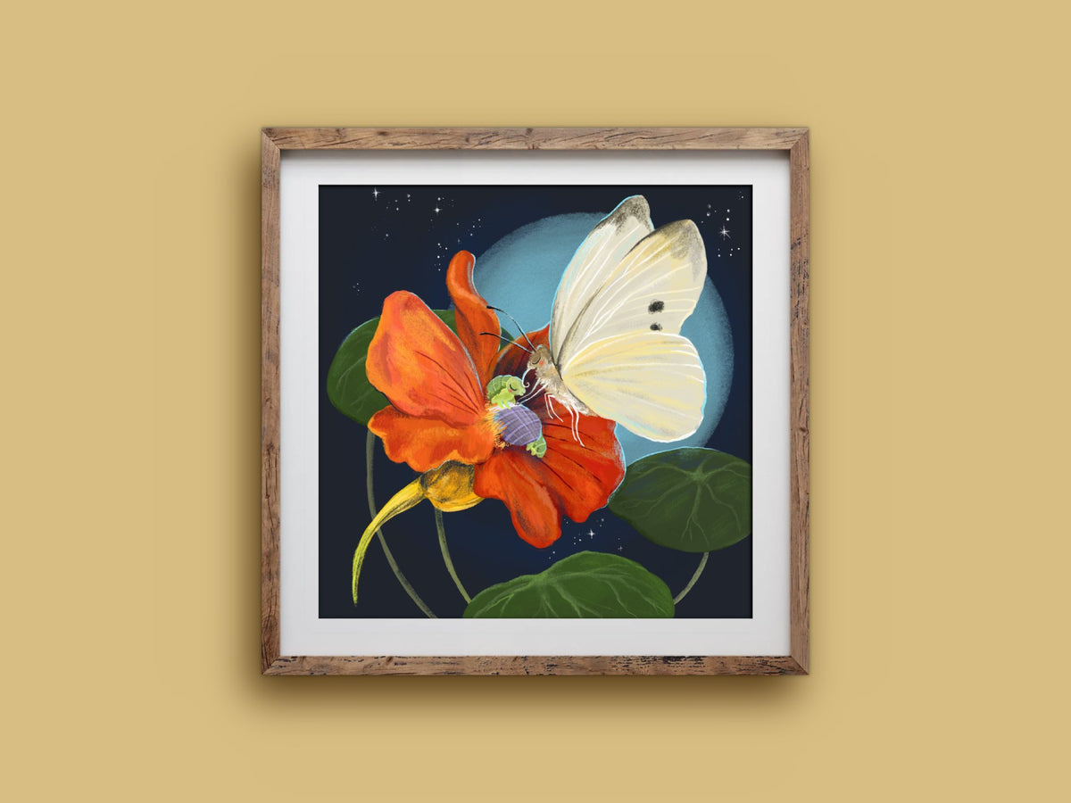 Flowerbed print in a rustic square wooden frame on a mustard wall, showing a caterpillar snug in a nasturtium flower at night