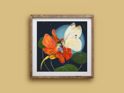 Flowerbed print in a rustic square wooden frame on a mustard wall, showing a caterpillar snug in a nasturtium flower at night