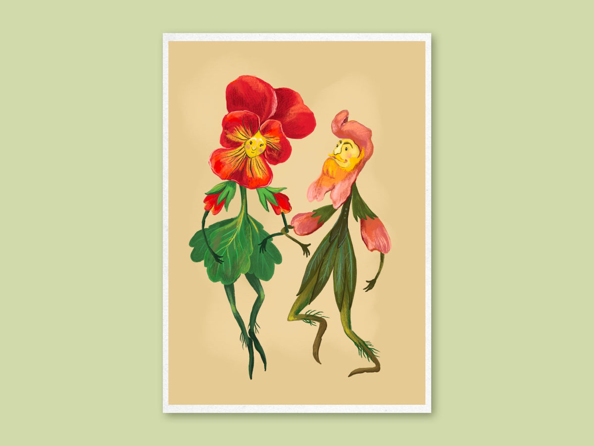 Flower Couple art print by Anna Seed: Miss Pansy, a red pansy, and Mr Snapdragon, in pink, dance hand in hand on a cream background