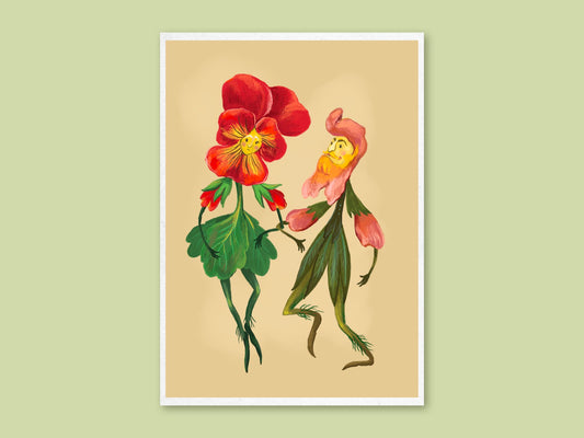 Flower Couple art print by Anna Seed: Miss Pansy, a red pansy, and Mr Snapdragon, in pink, dance hand in hand on a cream background