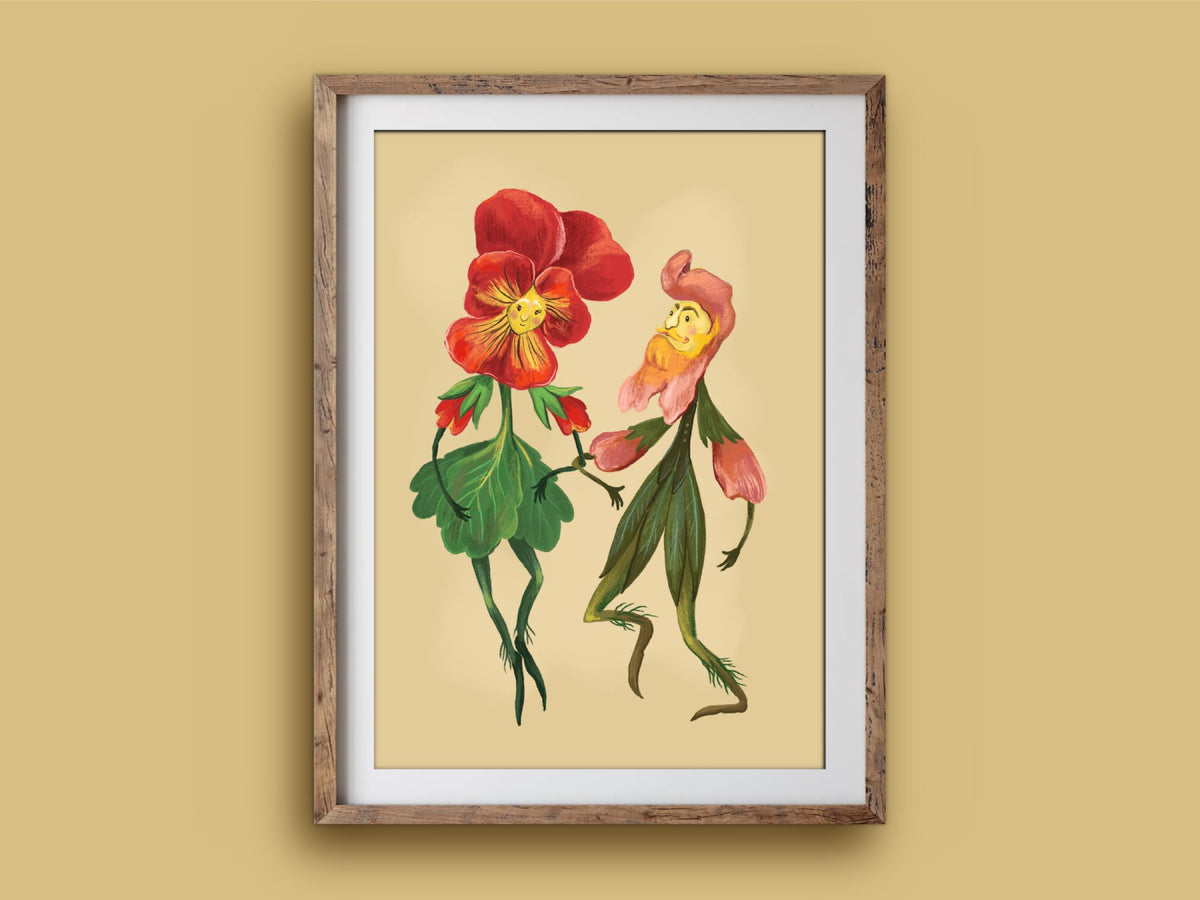 Flower Couple print in a rustic wooden frame on a mustard wall, showing a pansy and a snapdragon practising their first dance