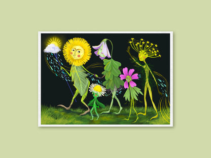 Flower Parade art print by Anna Seed: a dandelion leads a procession of flower folk carrying a sun and rain cloud, on black