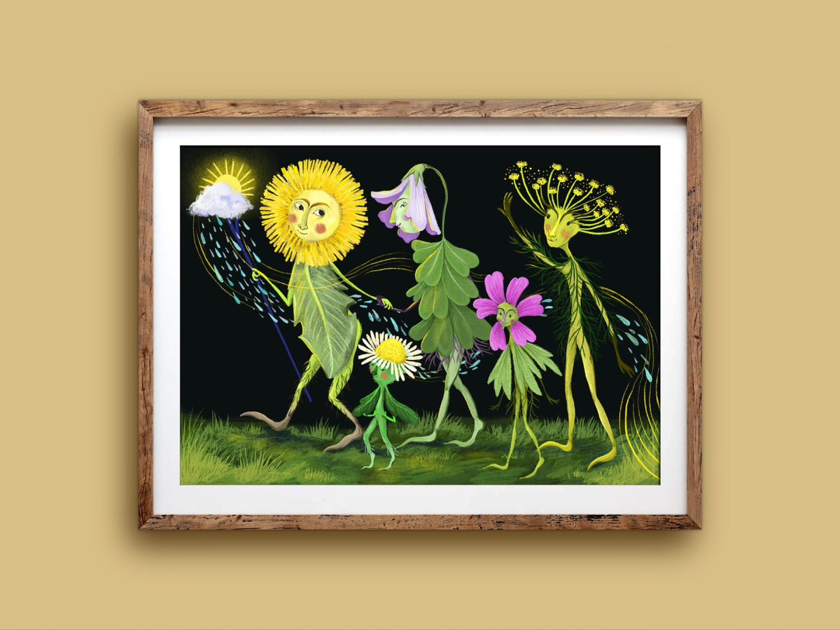 Flower Parade print in a rustic wooden frame on a mustard wall, showing a daisy, bellflower and other blooms marching on grass