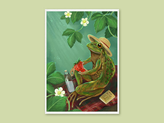 Froggie Picnic art print by Anna Seed: a frog in a straw hat eats a strawberry on a red tartan rug beneath strawberry leaves