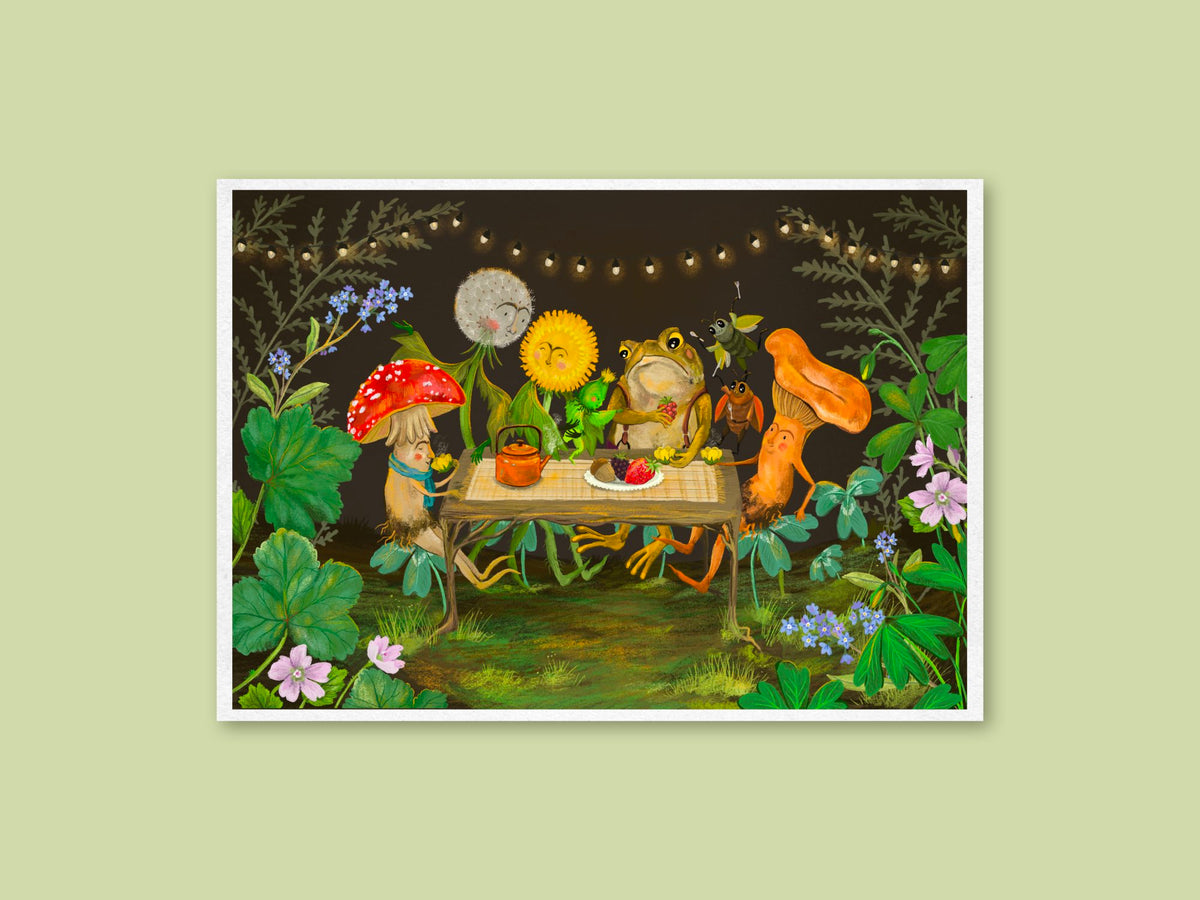 Garden Party art print by Anna Seed: a toad, toadstools and flower friends share tea at a table under festoon lights at night
