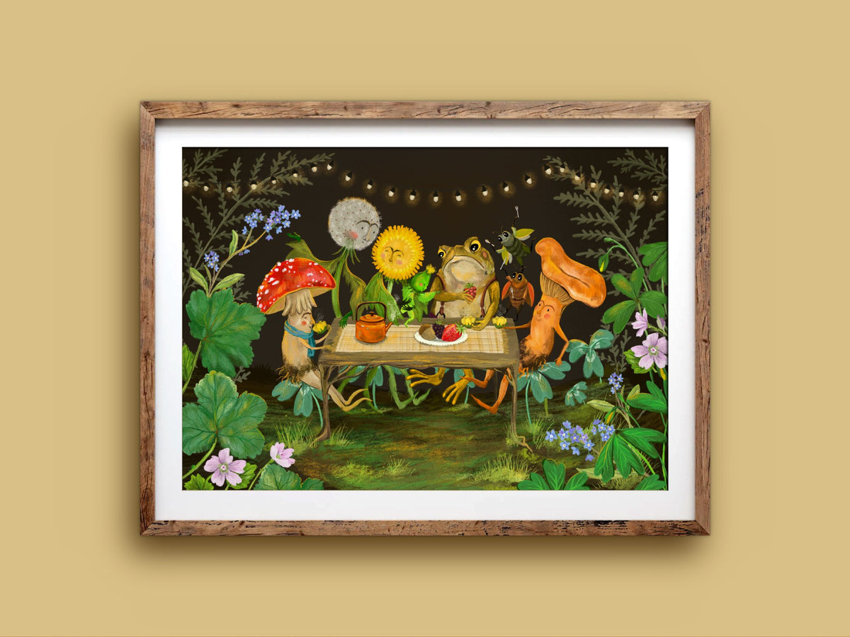 Garden Party print in a rustic wooden frame on a mustard wall, showing woodland friends at a garden luncheon among leafy plants