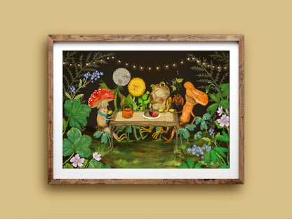 Garden Party print in a rustic wooden frame on a mustard wall, showing woodland friends at a garden luncheon among leafy plants
