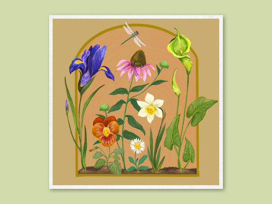 Garden View art print by Anna Seed: iris, coneflower, pansy, daffodil and calla lily under an arch, on a sage backdrop