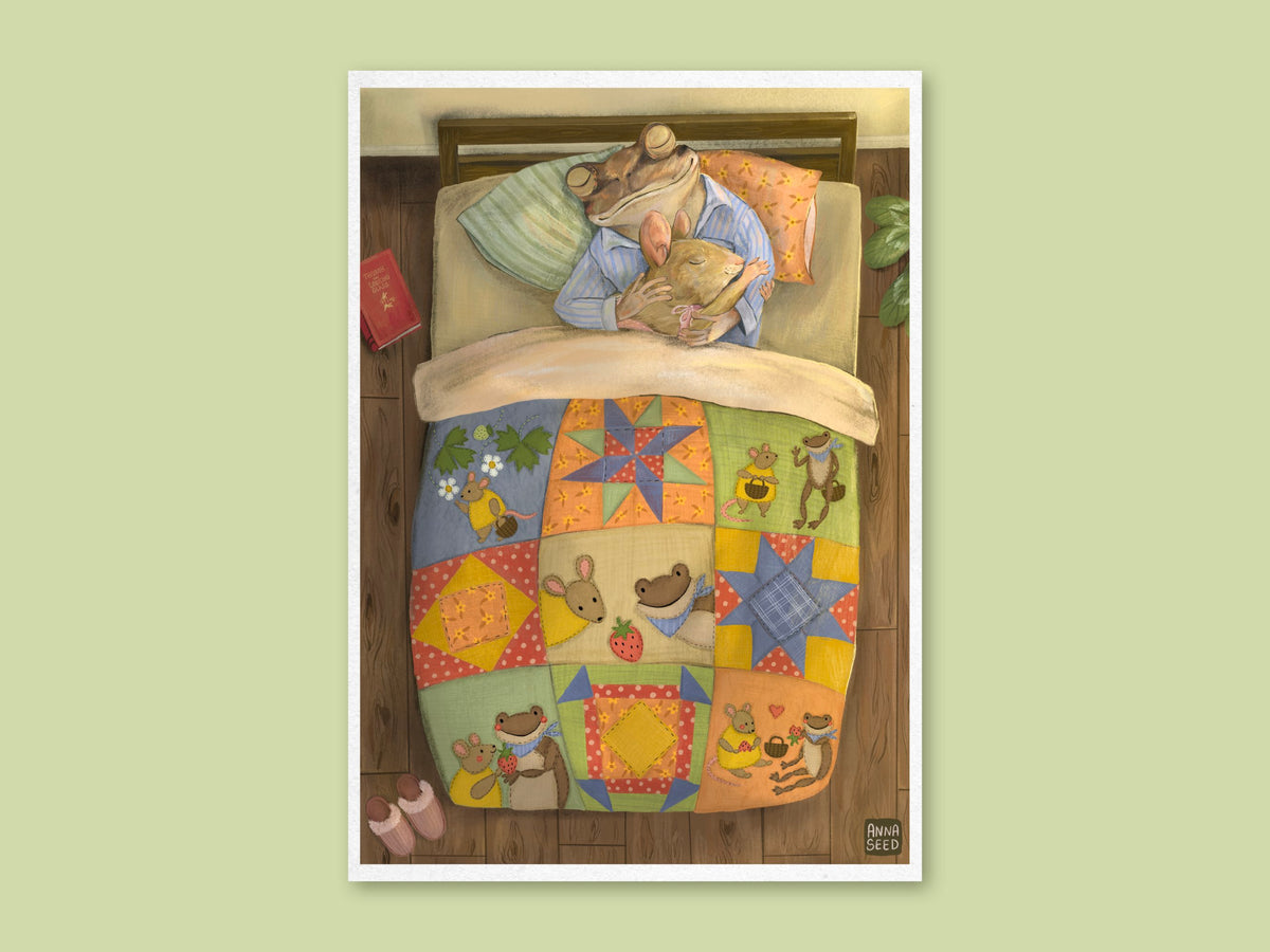 Good Morning art print by Anna Seed: Mr Frog and Ms Mouse asleep in bed under a colourful patchwork quilt of animals