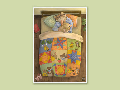 Good Morning art print by Anna Seed: Mr Frog and Ms Mouse asleep in bed under a colourful patchwork quilt of animals