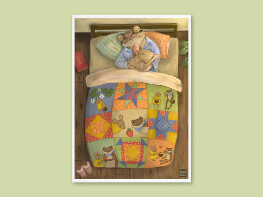 Good Morning art print by Anna Seed: Mr Frog and Ms Mouse asleep in bed under a colourful patchwork quilt of animals