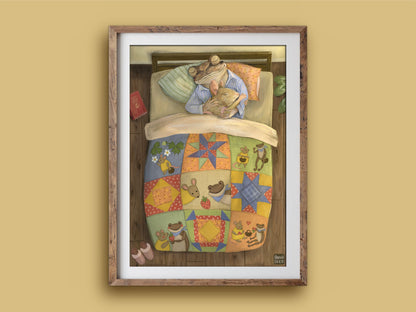 Good Morning print in a timber frame: a frog cuddling a mouse in bed beneath a quilt patterned with stars and critters