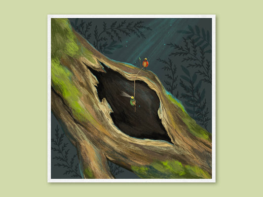 Great Adventure art print by Anna Seed: tiny explorers lowering a rope into a dark hollow of a mossy tree trunk