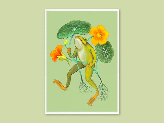 Happy Frog art print by Anna Seed: a cheerful frog strides along holding orange nasturtiums and leaves on soft green
