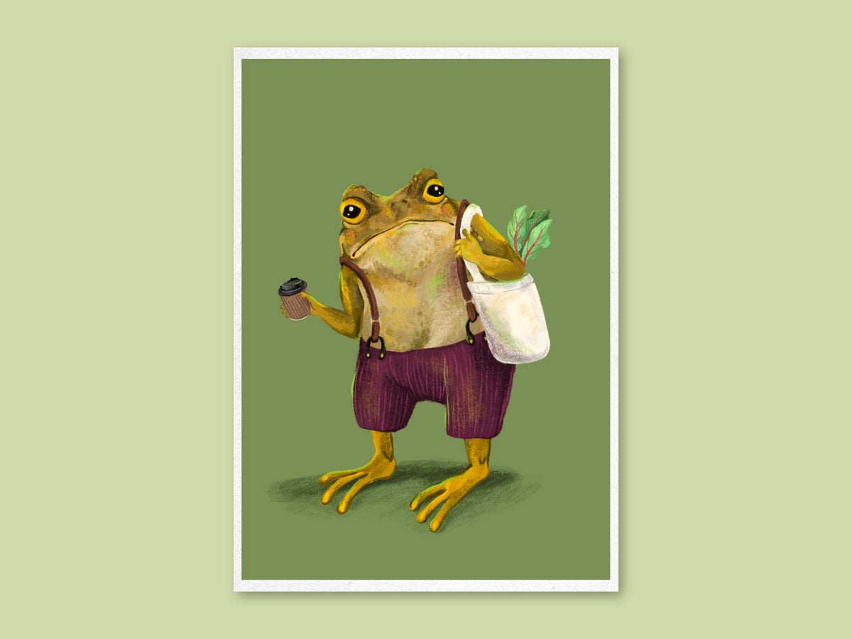 Hipster Toad art print by Anna Seed: a toad in braces and maroon shorts holds a takeaway coffee and a bag of greens