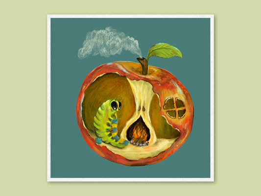 Home Sweet Home art print by Anna Seed: a caterpillar snug by a fire inside a hollowed red apple with a chimney of smoke