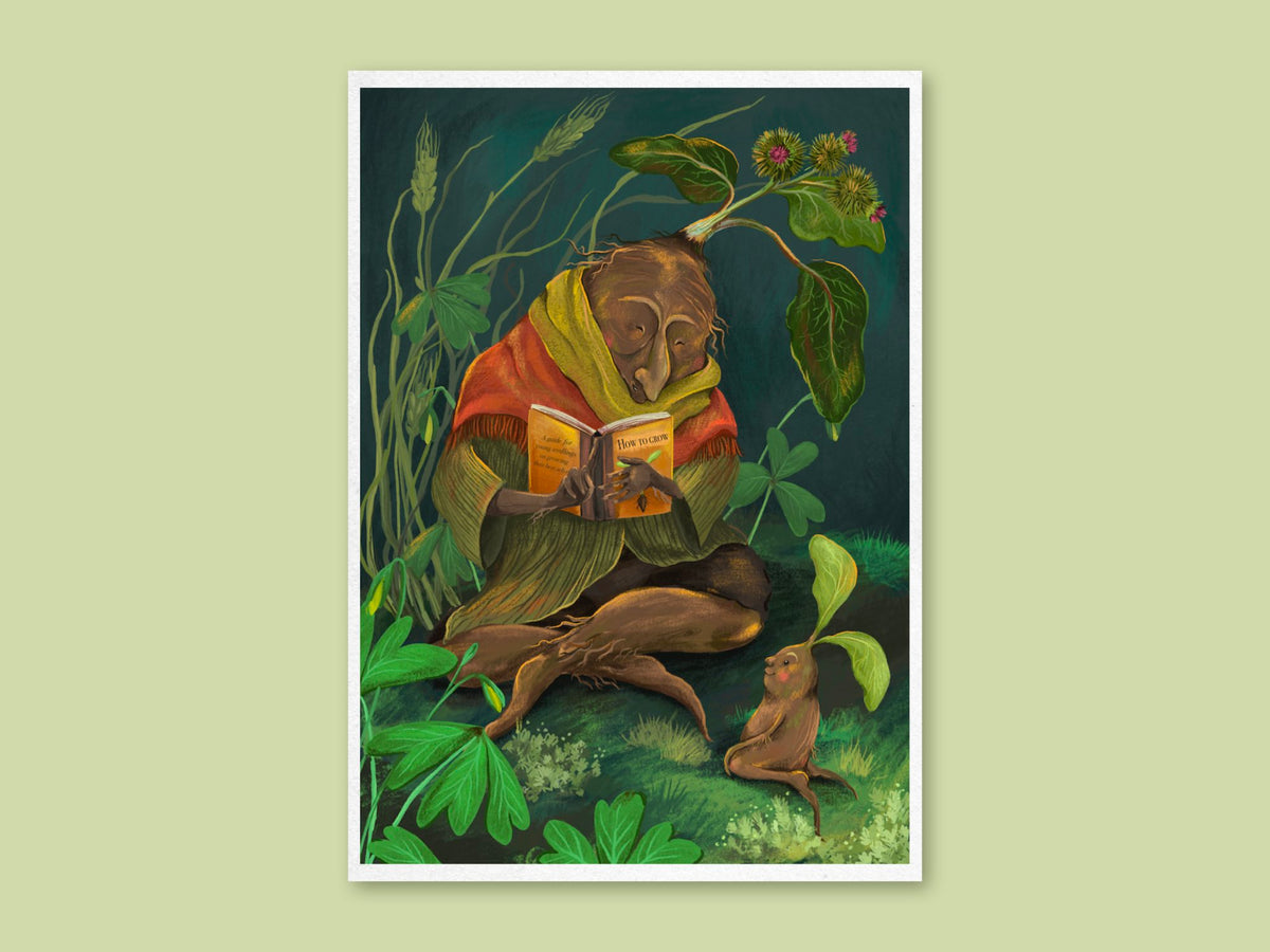How to Grow art print by Anna Seed: an elder burdock root in a red shawl reads a book to a tiny seedling in a green wood
