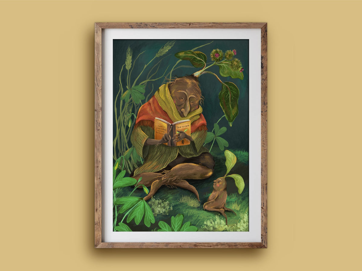 How to Grow print in a rustic timber frame: a wise root character reading aloud to a little sprout among leaves and clover