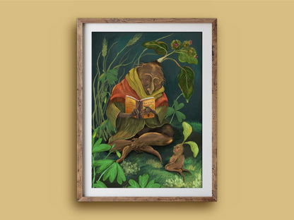 How to Grow print in a rustic timber frame: a wise root character reading aloud to a little sprout among leaves and clover