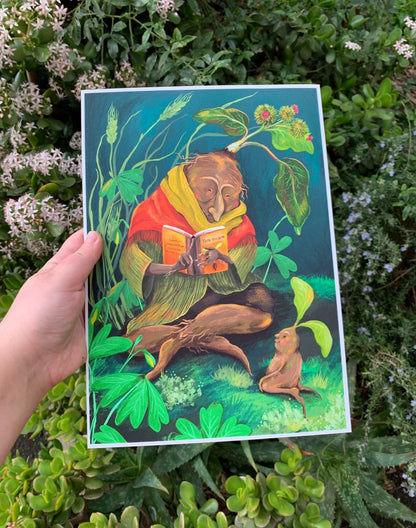 How to Grow print held in a hand in front of a flowering garden, showing the burdock root reading to a seedling