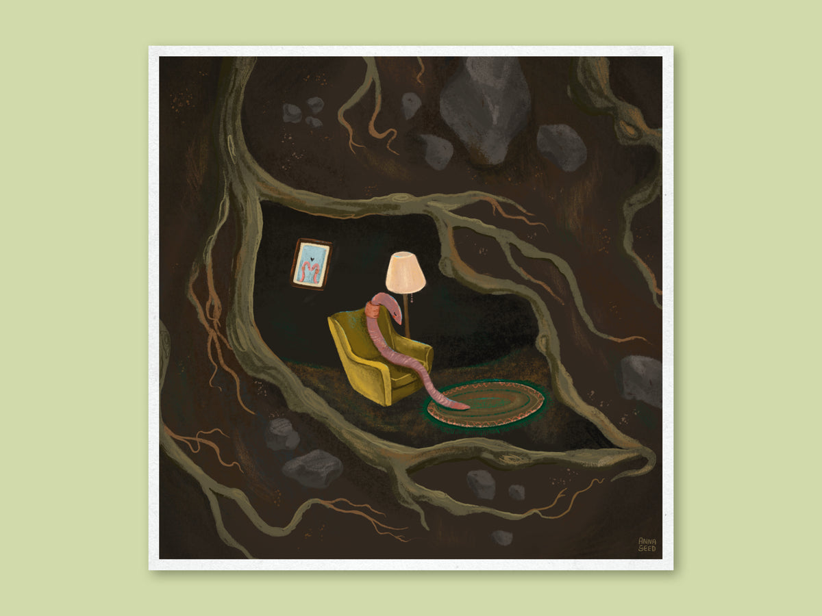 If I Were A Worm art print by Anna Seed: an earthworm naps in a yellow armchair by a lamp in an underground root burrow