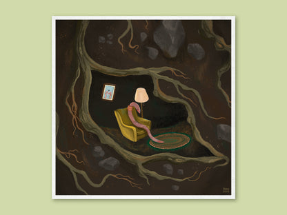 If I Were A Worm art print by Anna Seed: an earthworm naps in a yellow armchair by a lamp in an underground root burrow