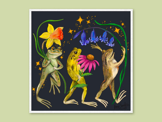 Jolly Frogs art print by Anna Seed: three frogs parade with a daffodil, coneflower and bluebells on a starry navy ground