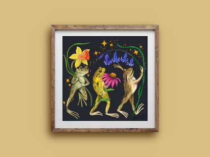 Jolly Frogs print in a rustic timber frame: three dancing frogs carrying spring flowers amid gold stars on dark navy