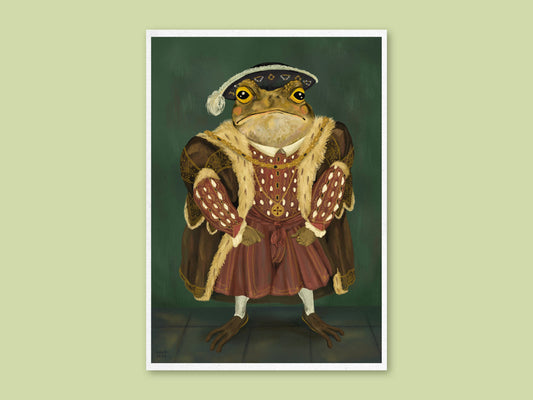 King Toad art print by Anna Seed: King Gustav the toad poses in Tudor regalia with a fur-trimmed robe and feathered cap