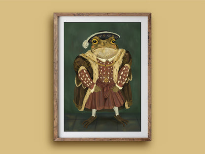 King Toad print in a timber frame: a regal toad in a plumed hat and red Tudor doublet, painted as a portrait on green