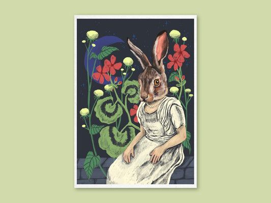 Lady Rabbit art print by Anna Seed: a hare-headed Edwardian lady in a white dress sits in a moonlit garden of red blooms