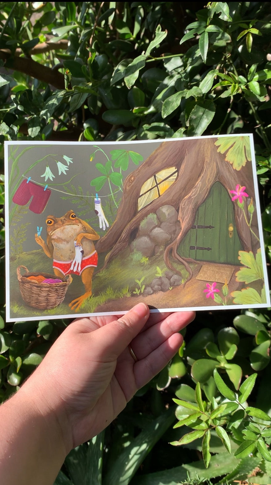 Laundry Toad print held in a hand in dappled sunlight against green leaves, showing the toad doing his washing