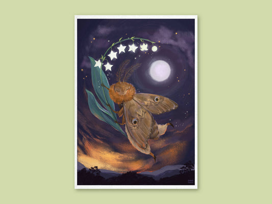 Lily of the Night Sky art print by Anna Seed: Ms Moth shakes glowing star flowers from a stem beneath a full moon