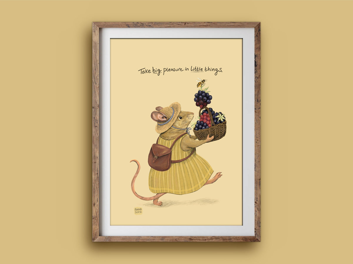 Little Things print in a rustic timber frame: a mouse in a yellow dress and satchel striding with a basket of blackberries
